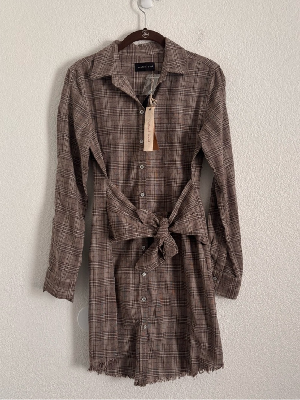 NWT Mustard Seed Women's Size Small Brown Plaid Long Sleeve Button Front Dress